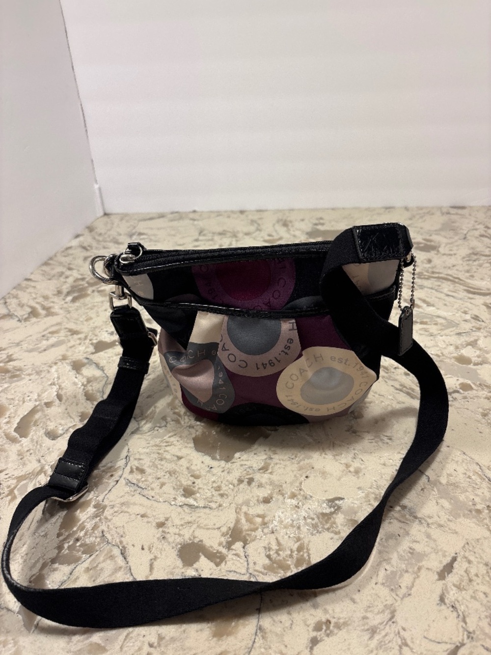Coach Satin Circle Crossbody Handbag Purple Cream Tonal Patches